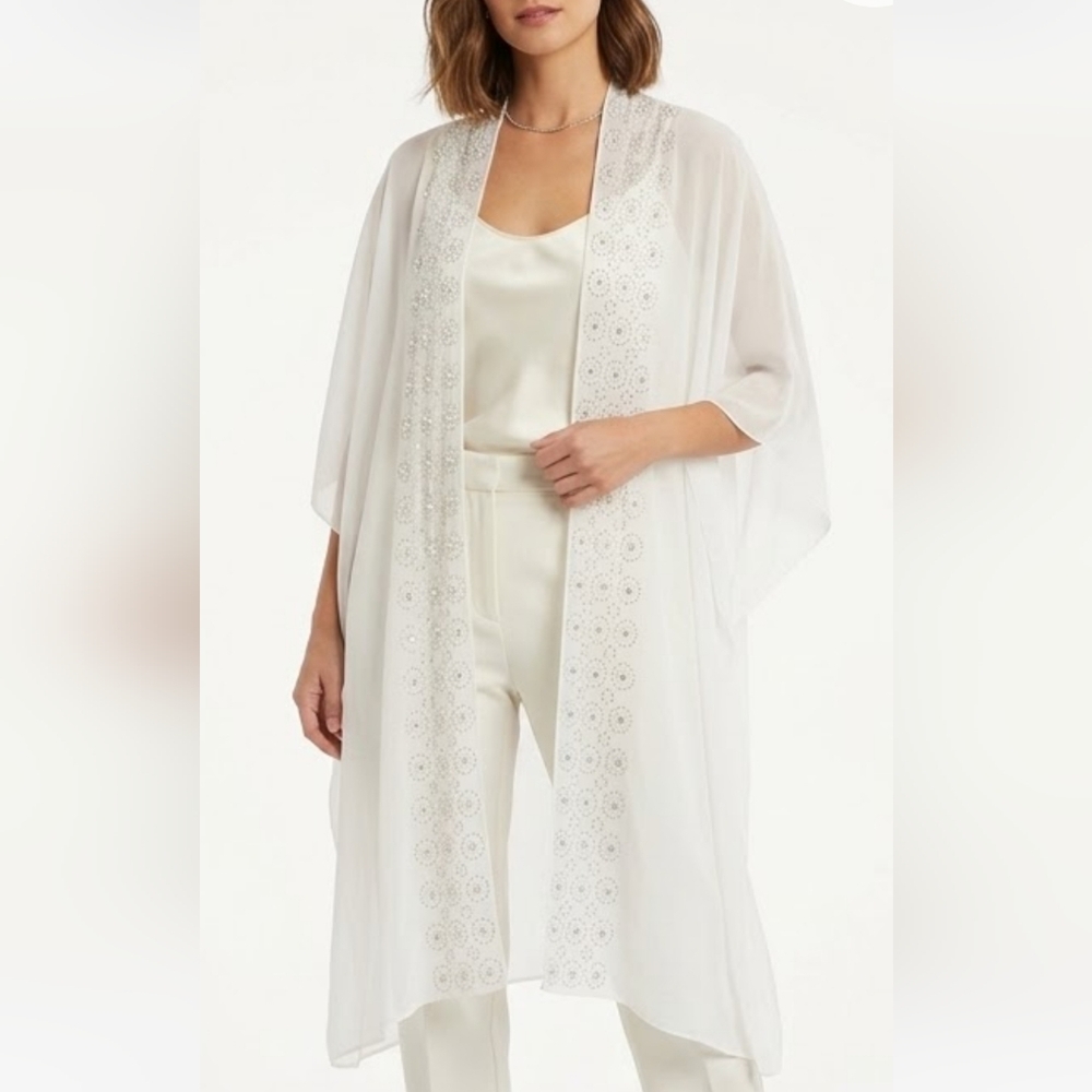 White Sheer Kimono with Silver Beaded Floral & Pearl Accents - OS